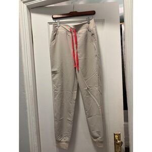 FIGS Zamora High Waisted Jogger Scrub Pants in Bone with Coral Drawstring